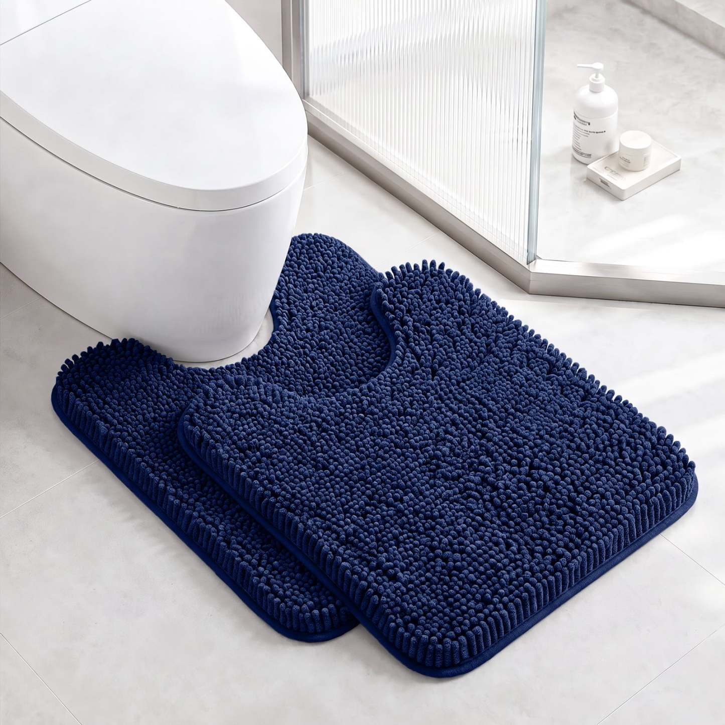 Sasttie Chenille Bathroom Rugs, Quick Dry Washable Bath Mats with Rubber Backing - 20" x 24" U-Shaped / Navy / 2 Pack