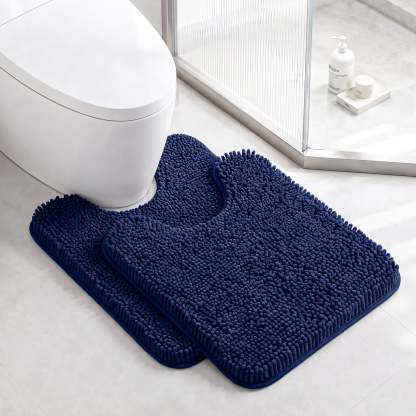 Sasttie Chenille Bathroom Rugs, Quick Dry Washable Bath Mats with Rubber Backing - 20" x 24" U-Shaped / Navy / 2 Pack