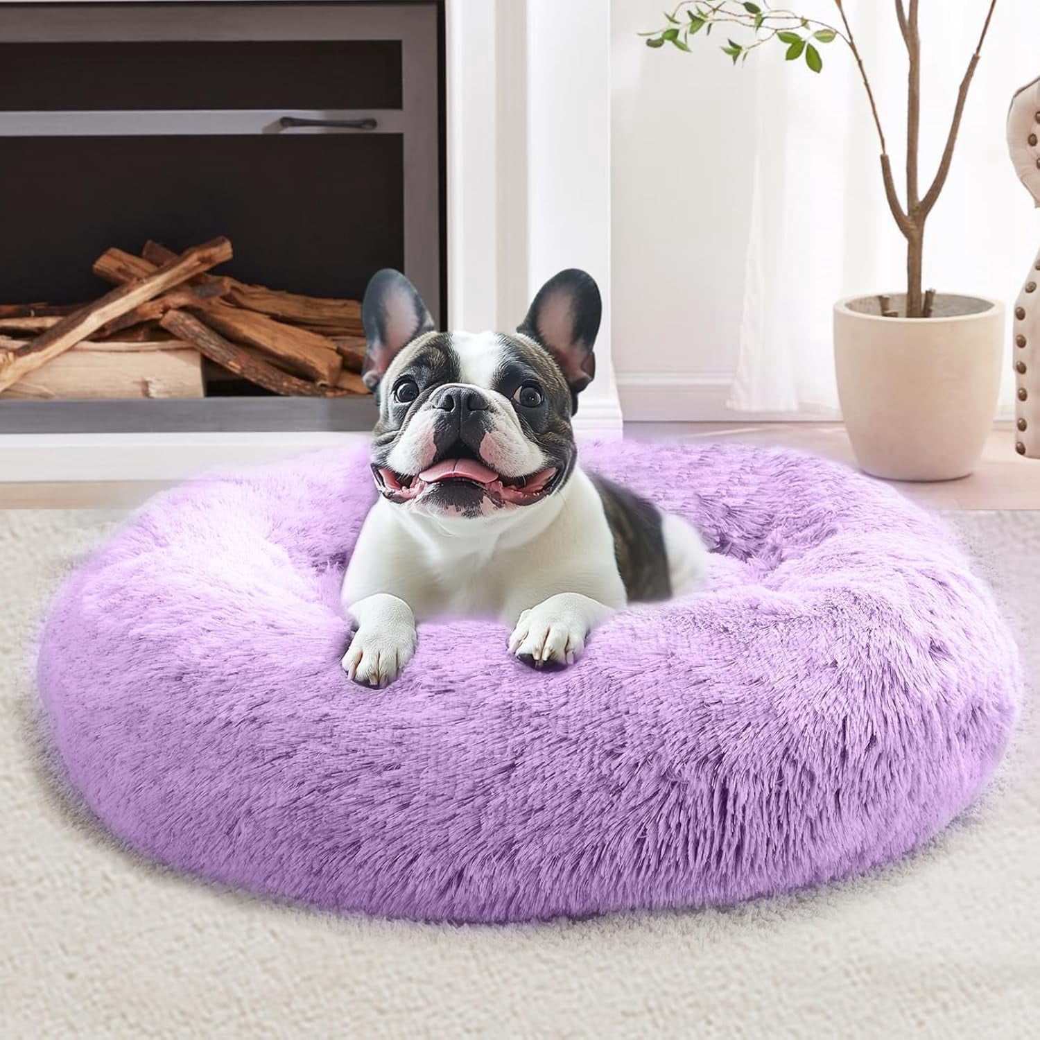 Sasttie Calming Donut Dog Bed, Washable Round Plush Faux Fur Pet Bed - 20 in / Purple