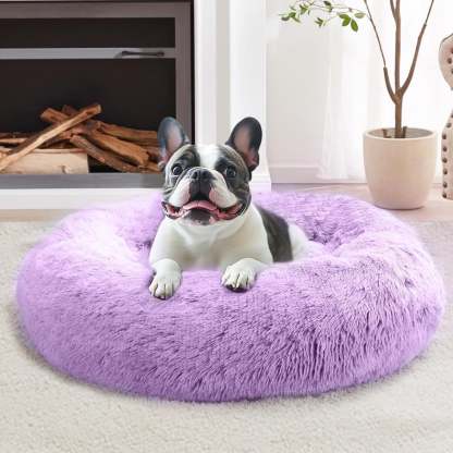 Sasttie Calming Donut Dog Bed, Washable Round Plush Faux Fur Pet Bed - 20 in / Purple