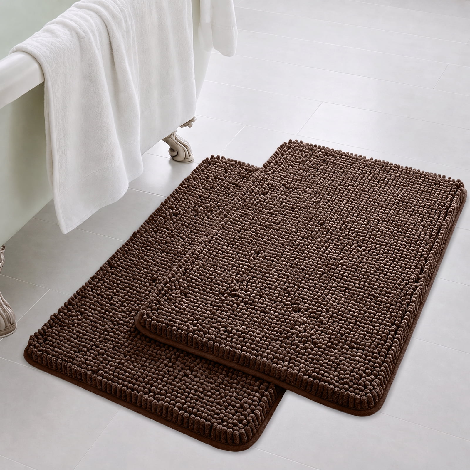 Sasttie Chenille Bathroom Rugs, Quick Dry Washable Bath Mats with Rubber Backing - 20" x 32" / Brown / 2 Pack
