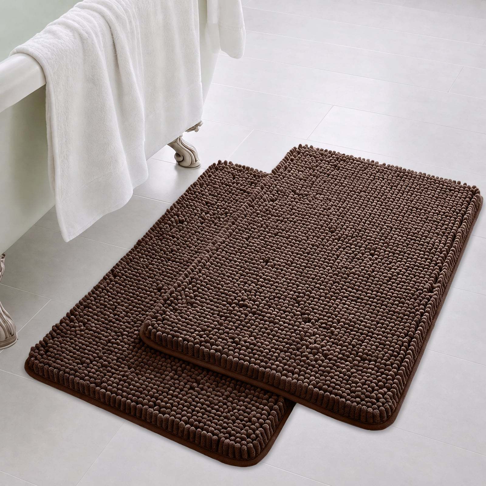 Sasttie Chenille Bathroom Rugs, Quick Dry Washable Bath Mats with Rubber Backing - 20" x 32" / Brown / 2 Pack