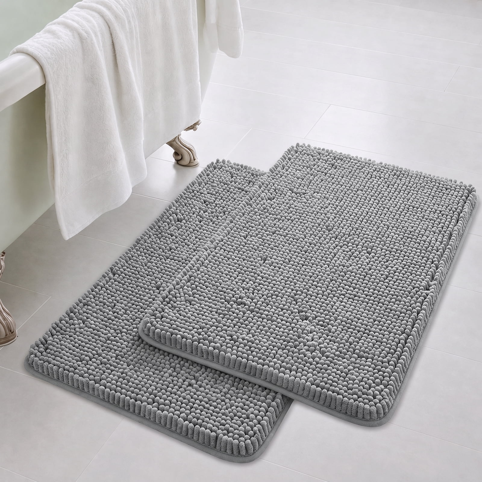 Sasttie Chenille Bathroom Rugs, Quick Dry Washable Bath Mats with Rubber Backing - 20" x 32" / Grey / 2 Pack