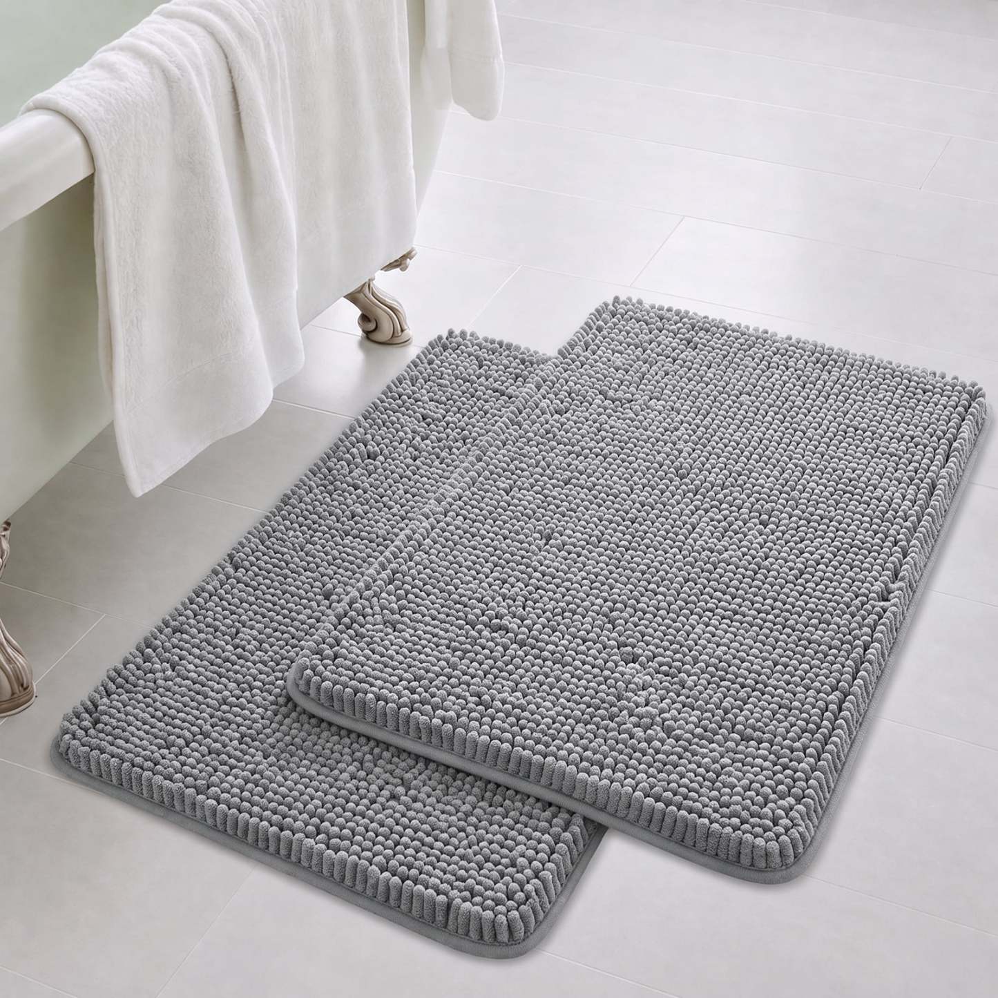 Sasttie Chenille Bathroom Rugs, Quick Dry Washable Bath Mats with Rubber Backing - 20" x 32" / Grey / 2 Pack