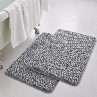 Sasttie Chenille Bathroom Rugs, Quick Dry Washable Bath Mats with Rubber Backing - 20" x 32" / Grey / 2 Pack