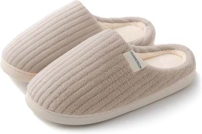 Sasttie Women's Plush Memory Foam House Slippers with Anti-Skid Rubber Sole - 7-8 / Light Khaki