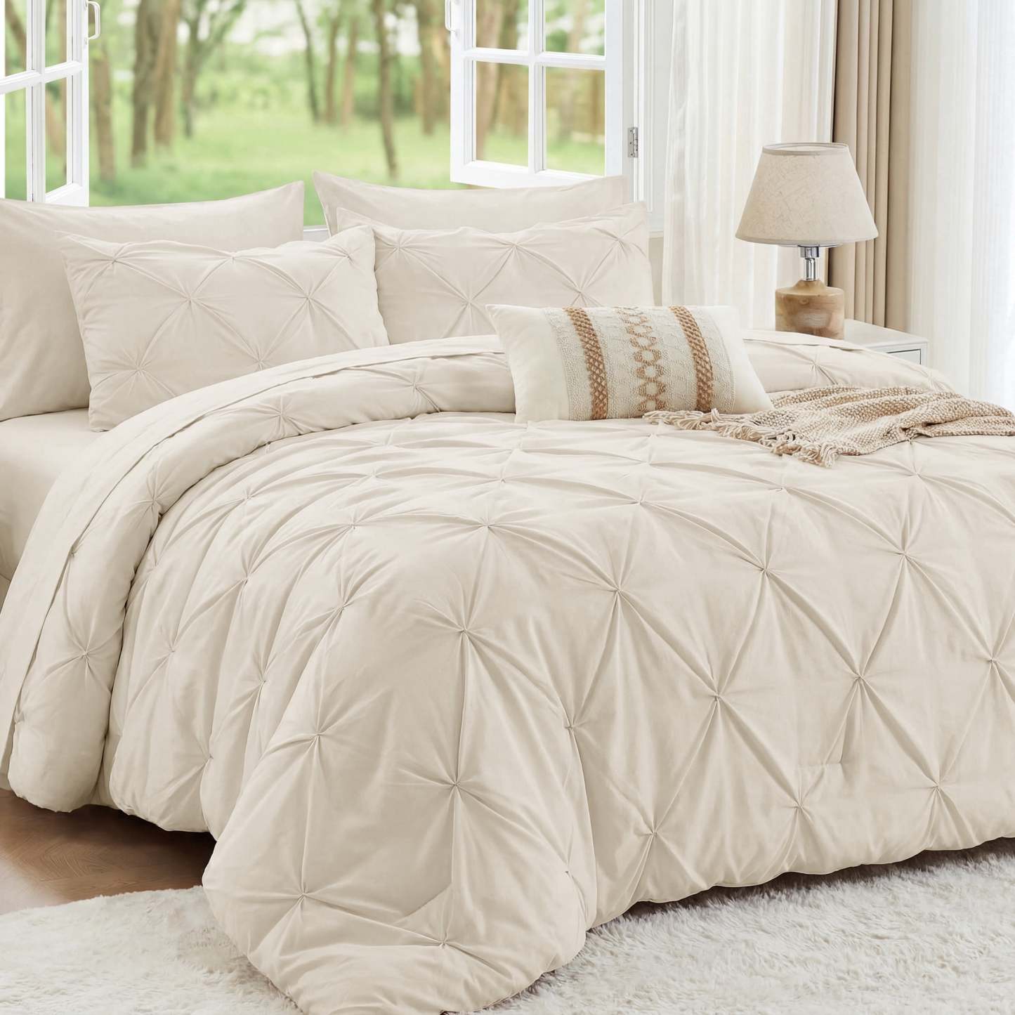 Sasttie 7-Piece Pintuck Comforter Set, Bed in a Bag, All-Season Bedding Set - Queen / Beige