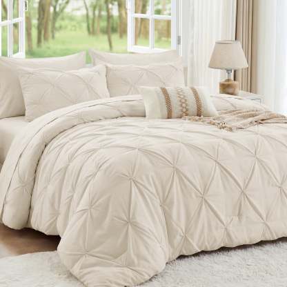 Sasttie 7-Piece Pintuck Comforter Set, Bed in a Bag, All-Season Bedding Set - Queen / Beige