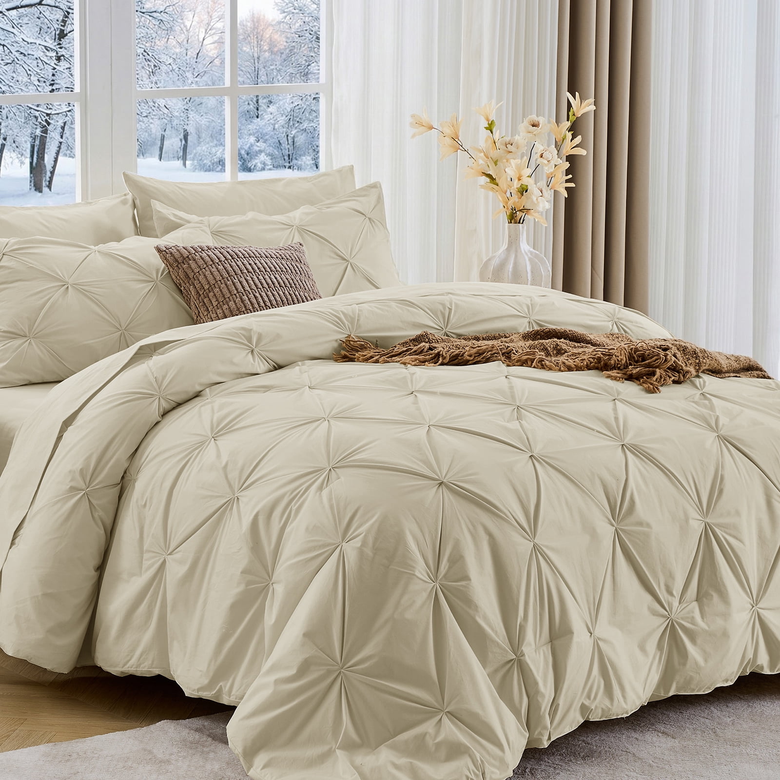 Sasttie 7-Piece Pintuck Comforter Set, Bed in a Bag, All-Season Bedding Set - King / Linen