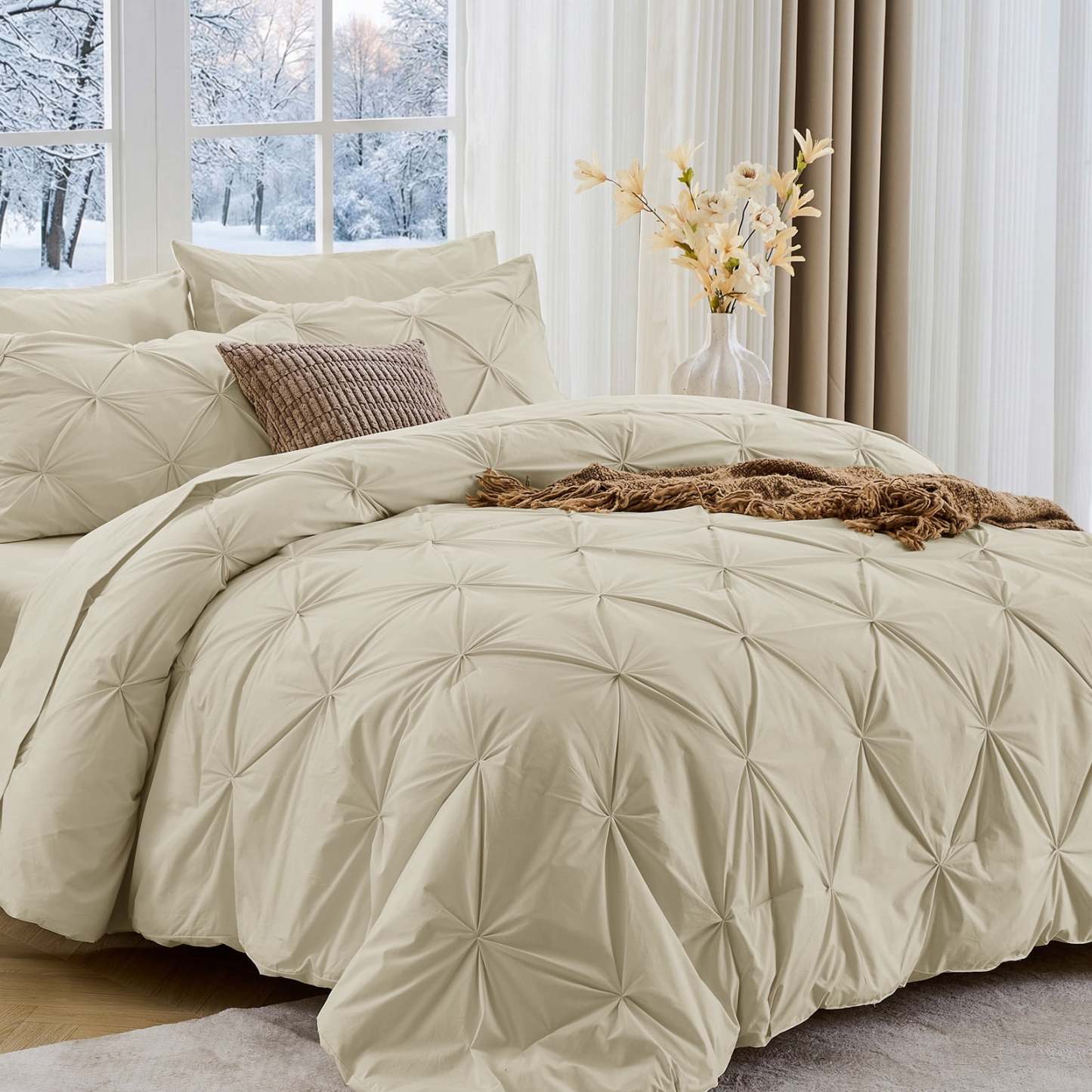 Sasttie 7-Piece Pintuck Comforter Set, Bed in a Bag, All-Season Bedding Set - King / Linen