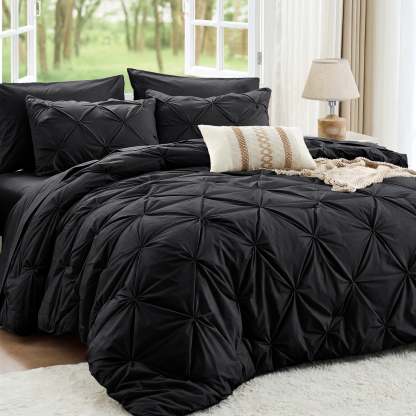 Sasttie 7-Piece Pintuck Comforter Set, Bed in a Bag, All-Season Bedding Set - Queen / Black