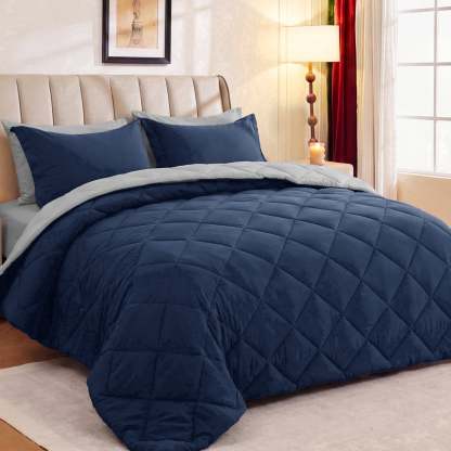 Sasttie 7-Piece Reversible Comforter Set, Bed in a Bag, All-Season Bedding Set - King / Navy & Light Grey