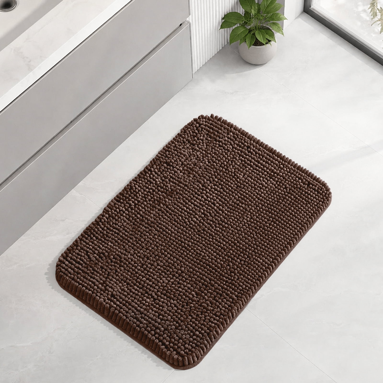 Sasttie Chenille Bathroom Rugs, Quick Dry Washable Bath Mats with Rubber Backing - 17" x 24" / Brown / 1 Pack