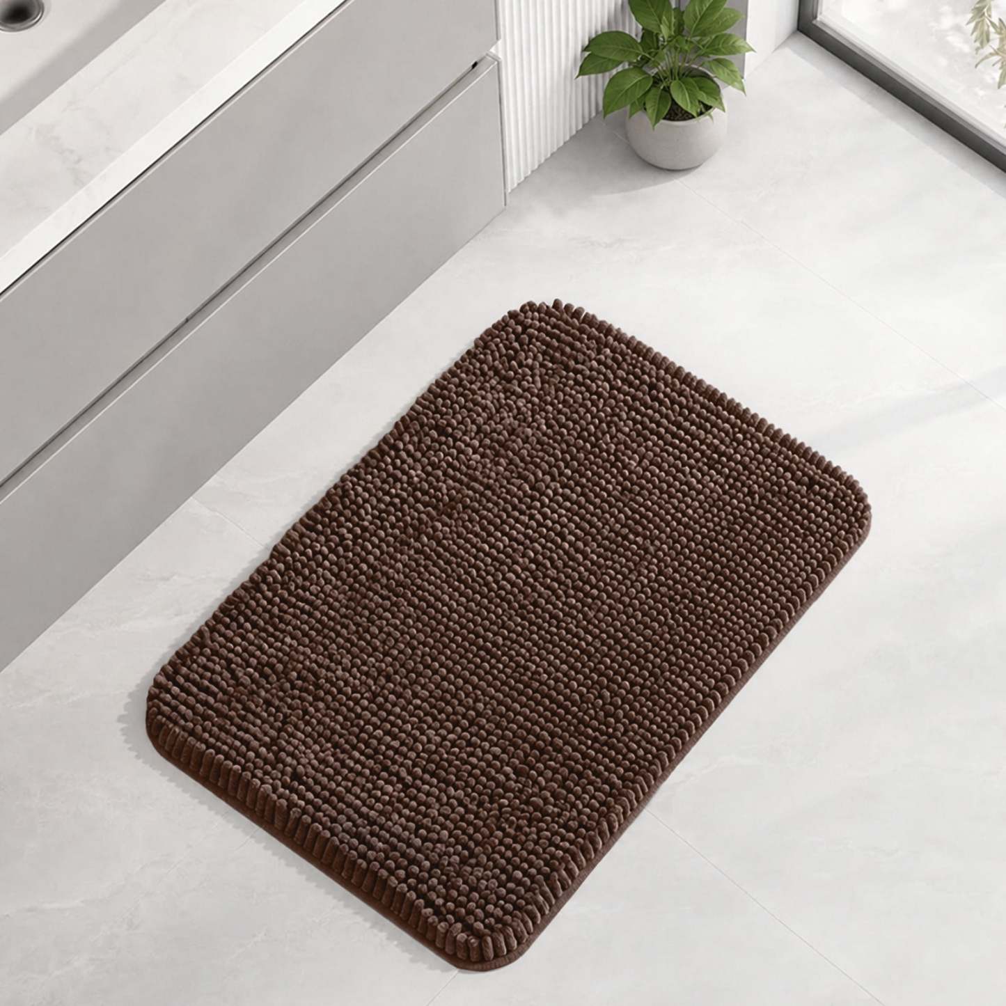 Sasttie Chenille Bathroom Rugs, Quick Dry Washable Bath Mats with Rubber Backing - 17" x 24" / Brown / 1 Pack