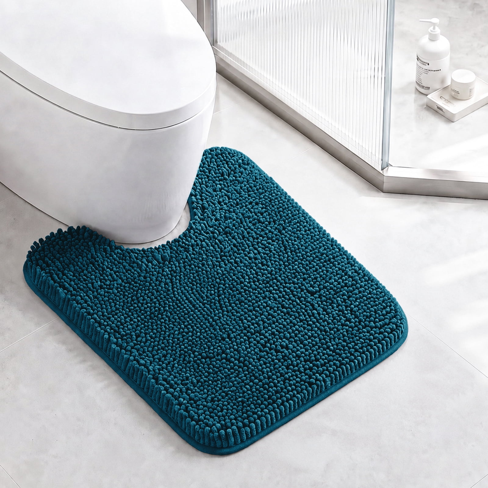 Sasttie Chenille Bathroom Rugs, Quick Dry Washable Bath Mats with Rubber Backing - 20" x 24" U-Shaped / Steel Blue / 1 Pack