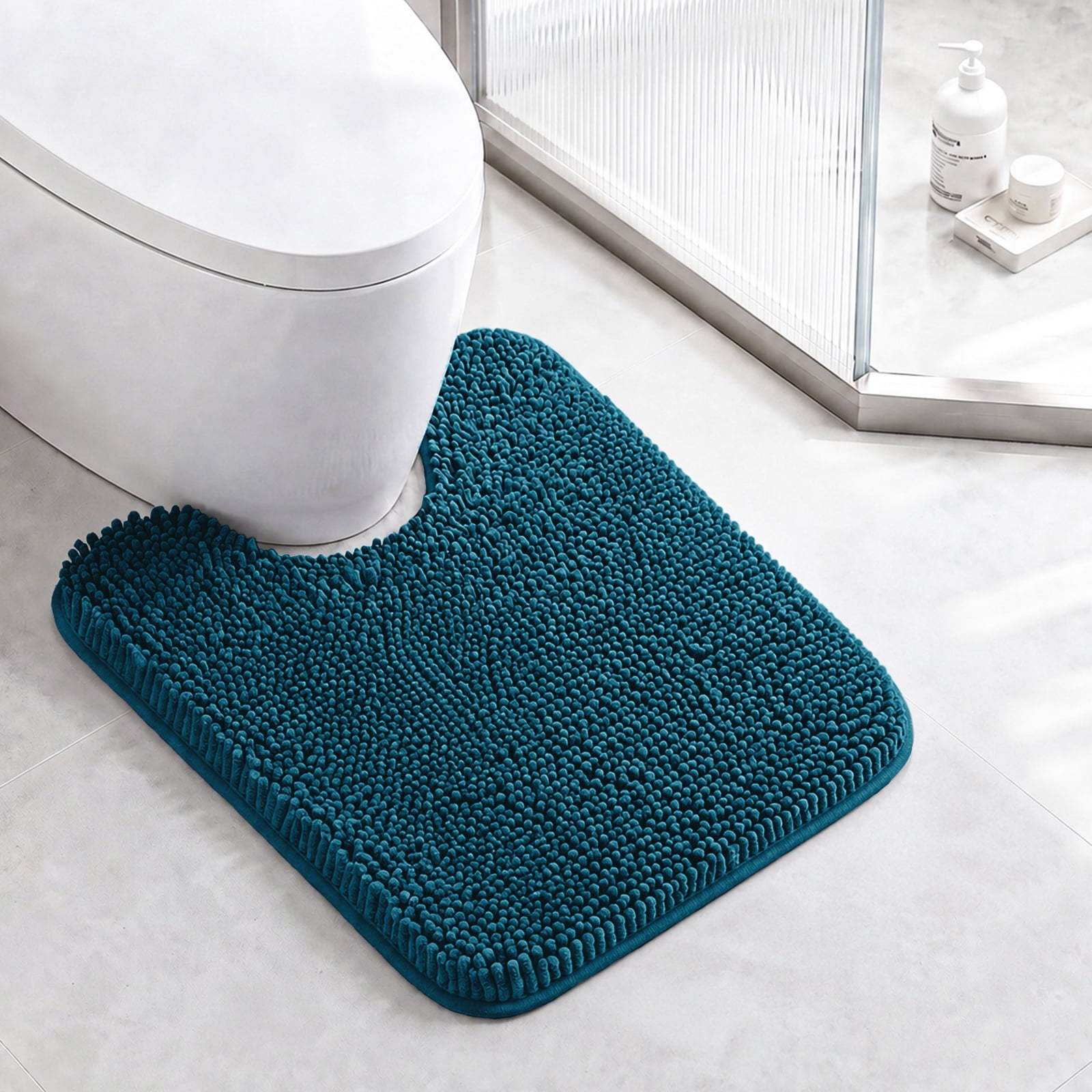 Sasttie Chenille Bathroom Rugs, Quick Dry Washable Bath Mats with Rubber Backing - 20" x 24" U-Shaped / Steel Blue / 1 Pack