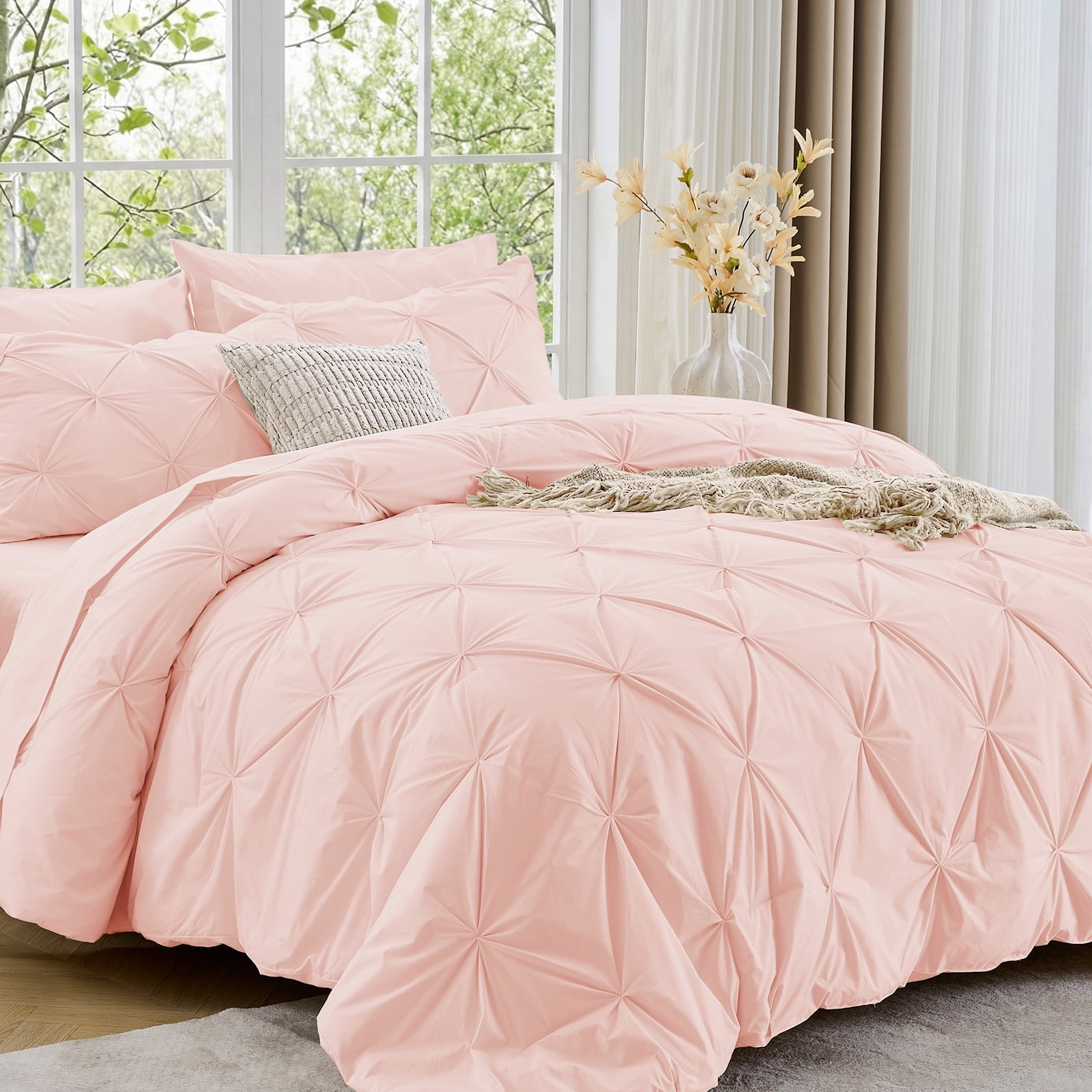 Sasttie 7-Piece Pintuck Comforter Set, Bed in a Bag, All-Season Bedding Set - King / Blush Pink