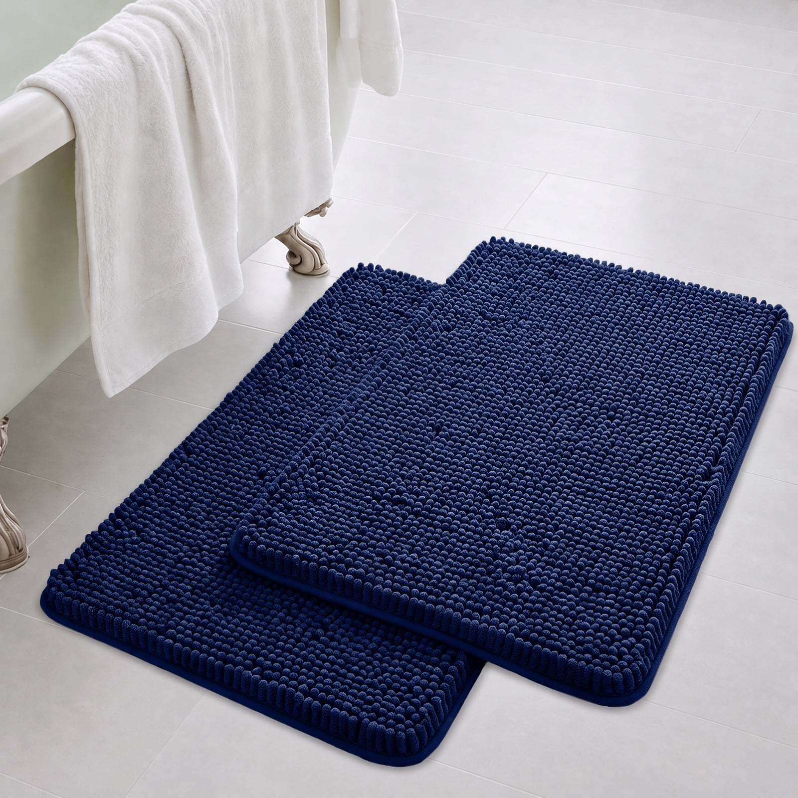 Sasttie Chenille Bathroom Rugs, Quick Dry Washable Bath Mats with Rubber Backing - 20" x 32" / Navy / 2 Pack