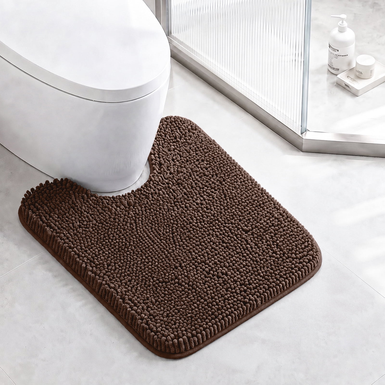 Sasttie Chenille Bathroom Rugs, Quick Dry Washable Bath Mats with Rubber Backing - 20" x 24" U-Shaped / Brown / 1 Pack