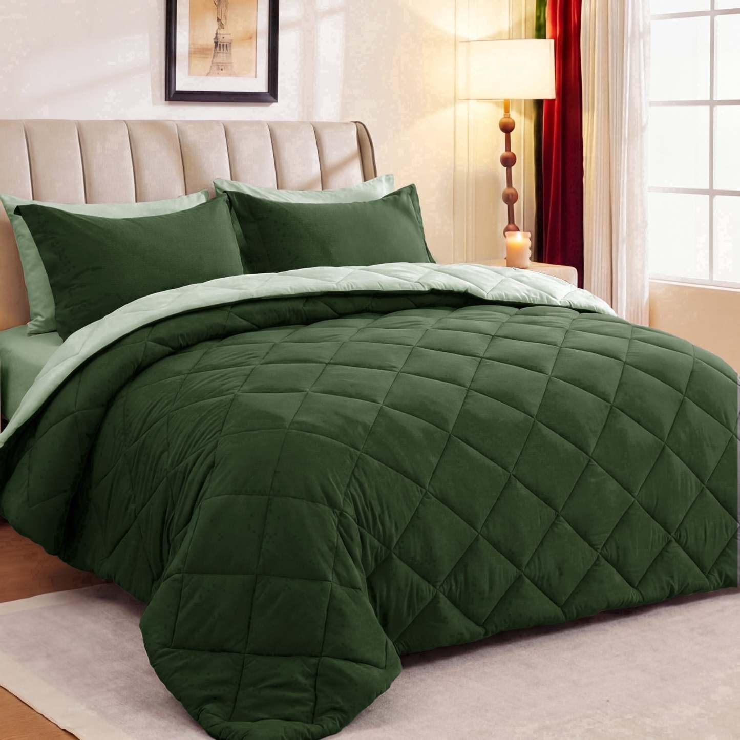 Sasttie 7-Piece Reversible Comforter Set, Bed in a Bag, All-Season Bedding Set - Queen / Dark Green & Light Green