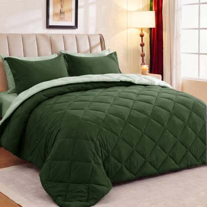Sasttie 7-Piece Reversible Comforter Set, Bed in a Bag, All-Season Bedding Set - Queen / Dark Green & Light Green