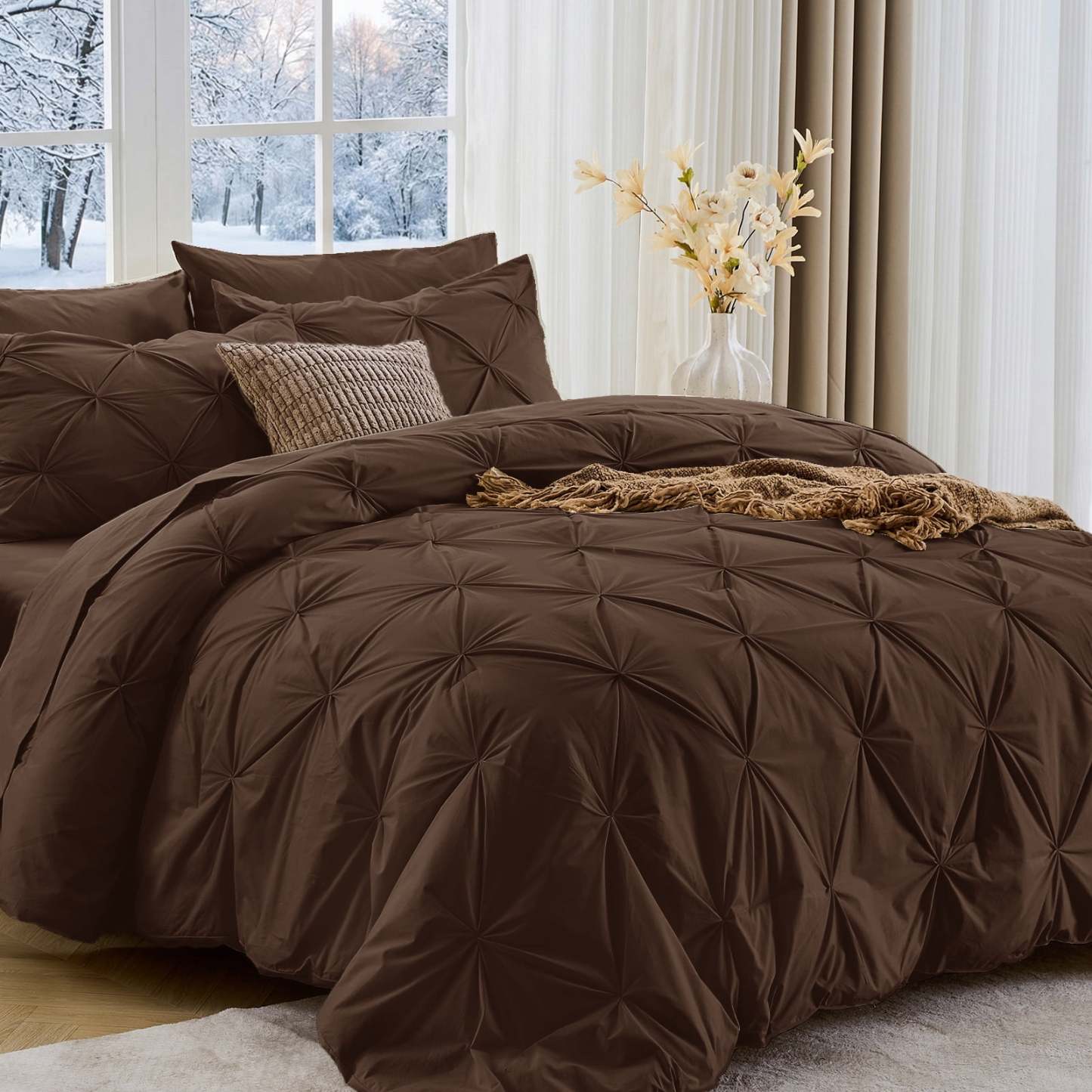 Sasttie 7-Piece Pintuck Comforter Set, Bed in a Bag, All-Season Bedding Set - Full / Dark Brown
