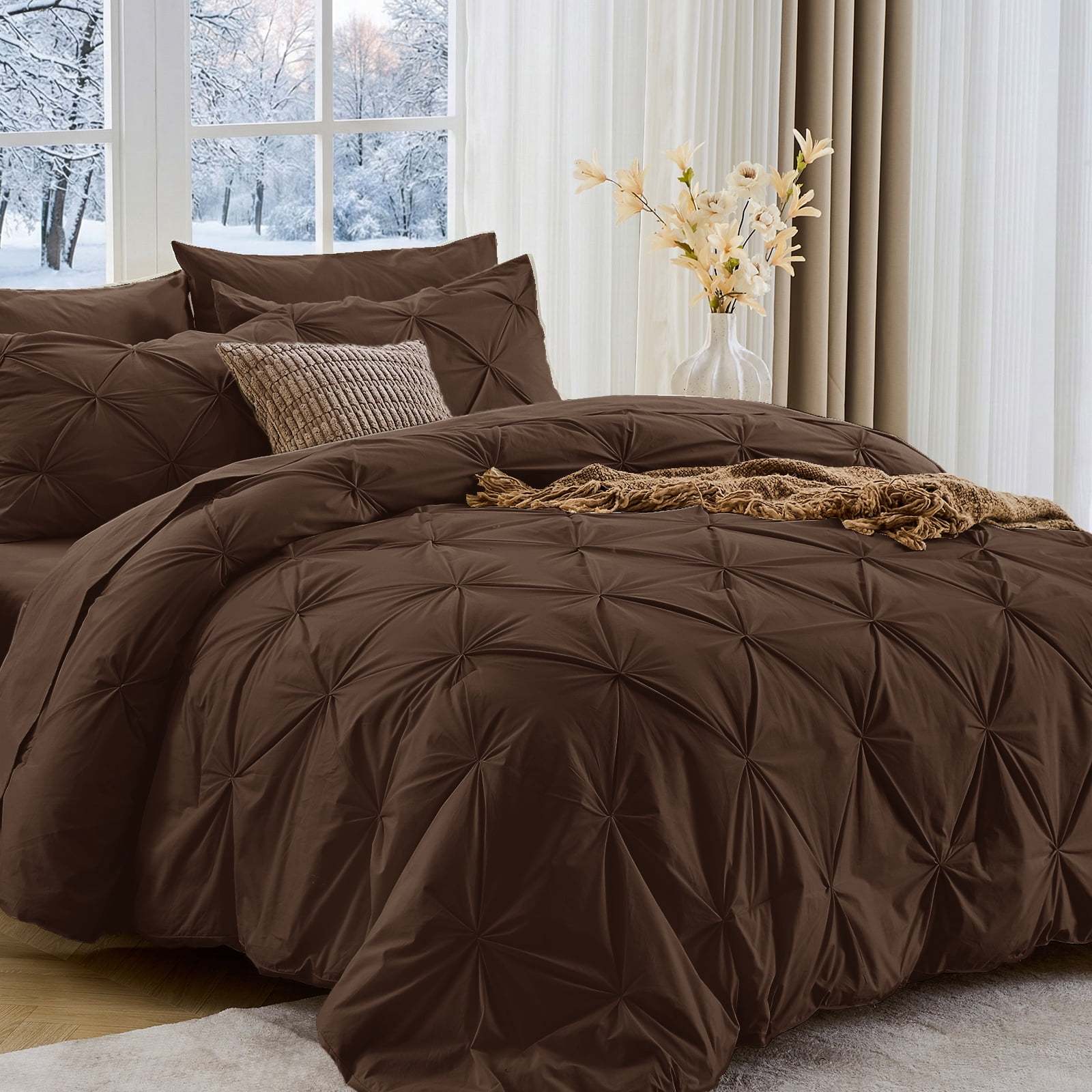 Sasttie 7-Piece Pintuck Comforter Set, Bed in a Bag, All-Season Bedding Set - Full / Dark Brown