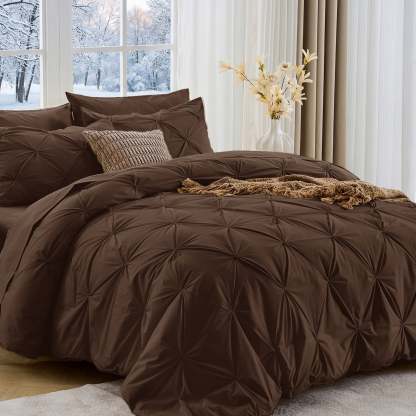 Sasttie 7-Piece Pintuck Comforter Set, Bed in a Bag, All-Season Bedding Set - Full / Dark Brown
