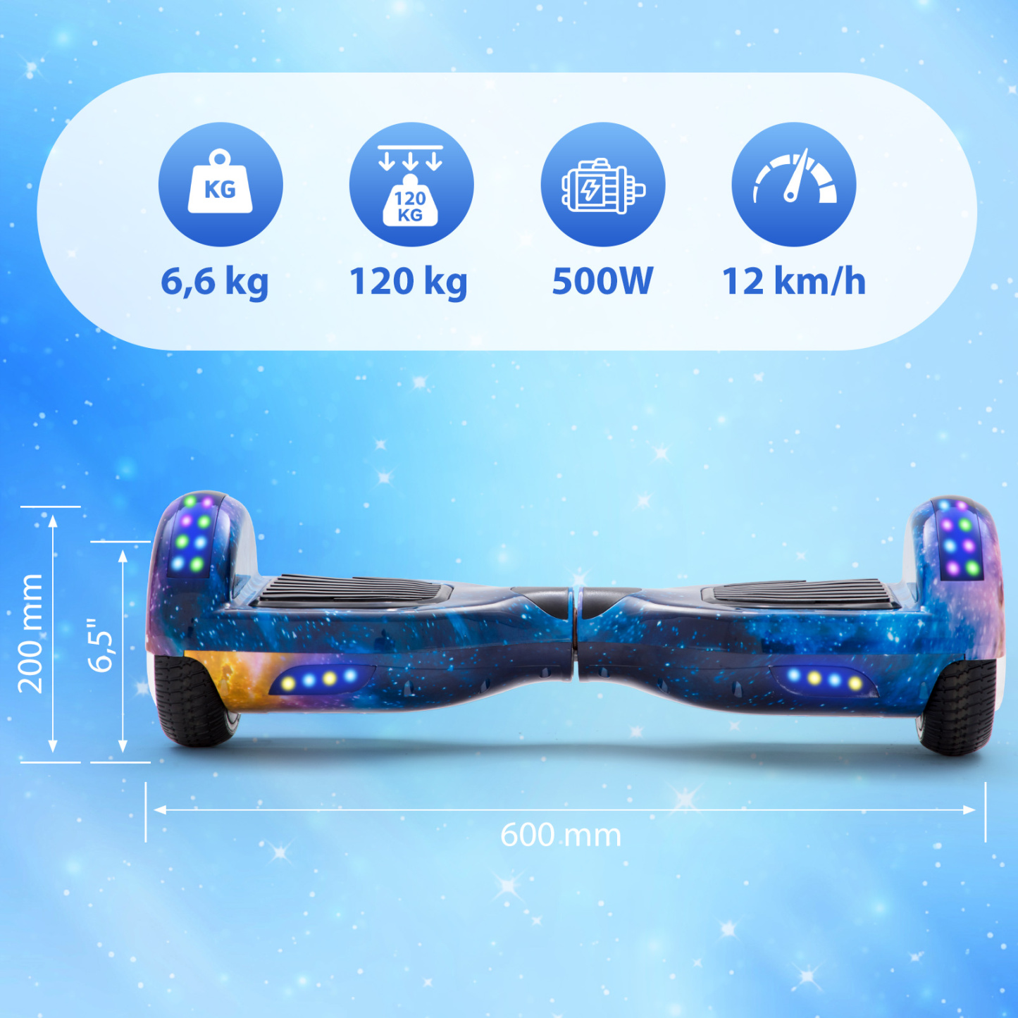 Neues 6,5" Galaxy Hoverboard blau mit Bluetooth Musik Lautsprecher und LED Licht - 500W 12km/h