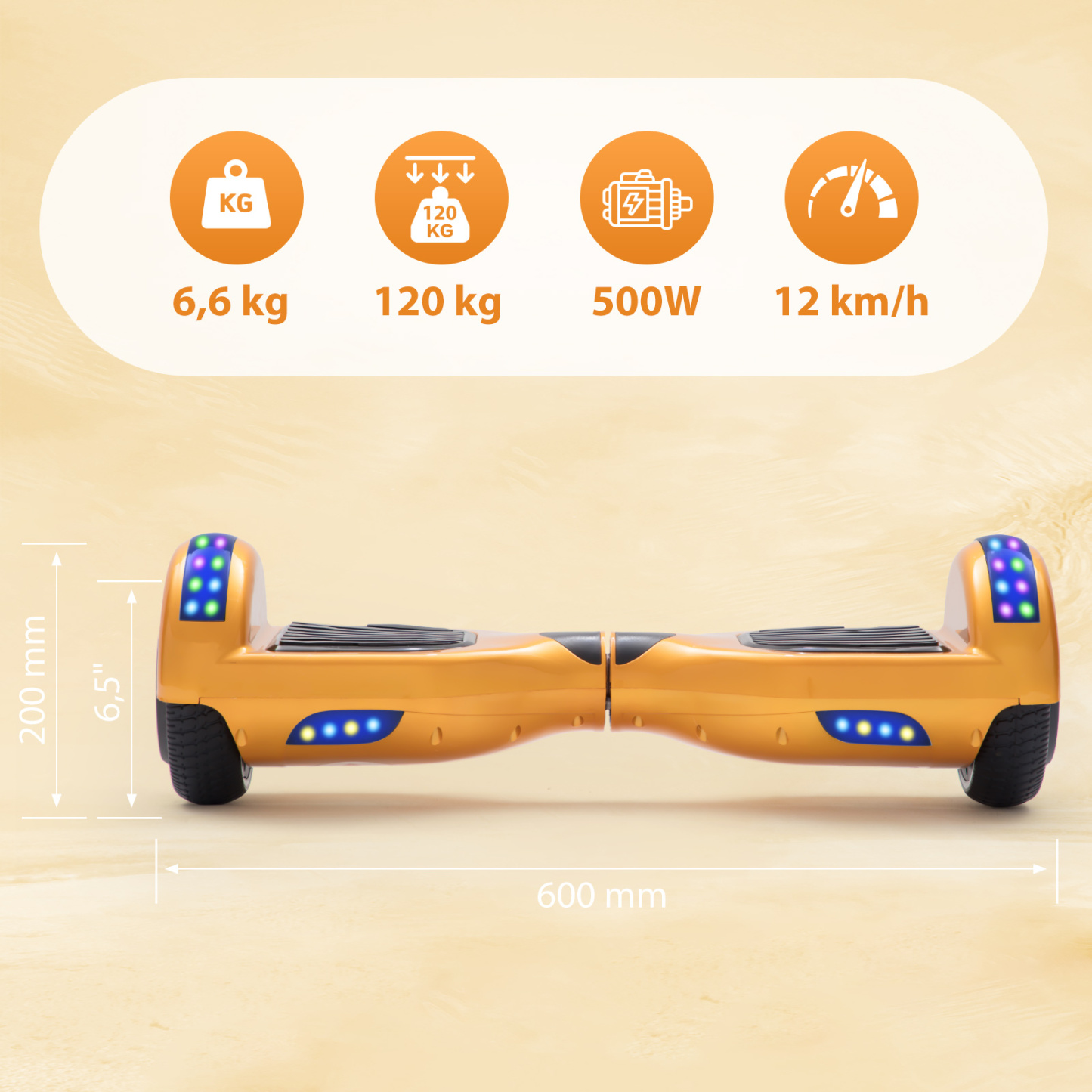 Neues 6,5" gold Hoverboard für Kinder, mit Bluetooth Musik Lautsprecher und Disco LED Licht - 500W 12km/h