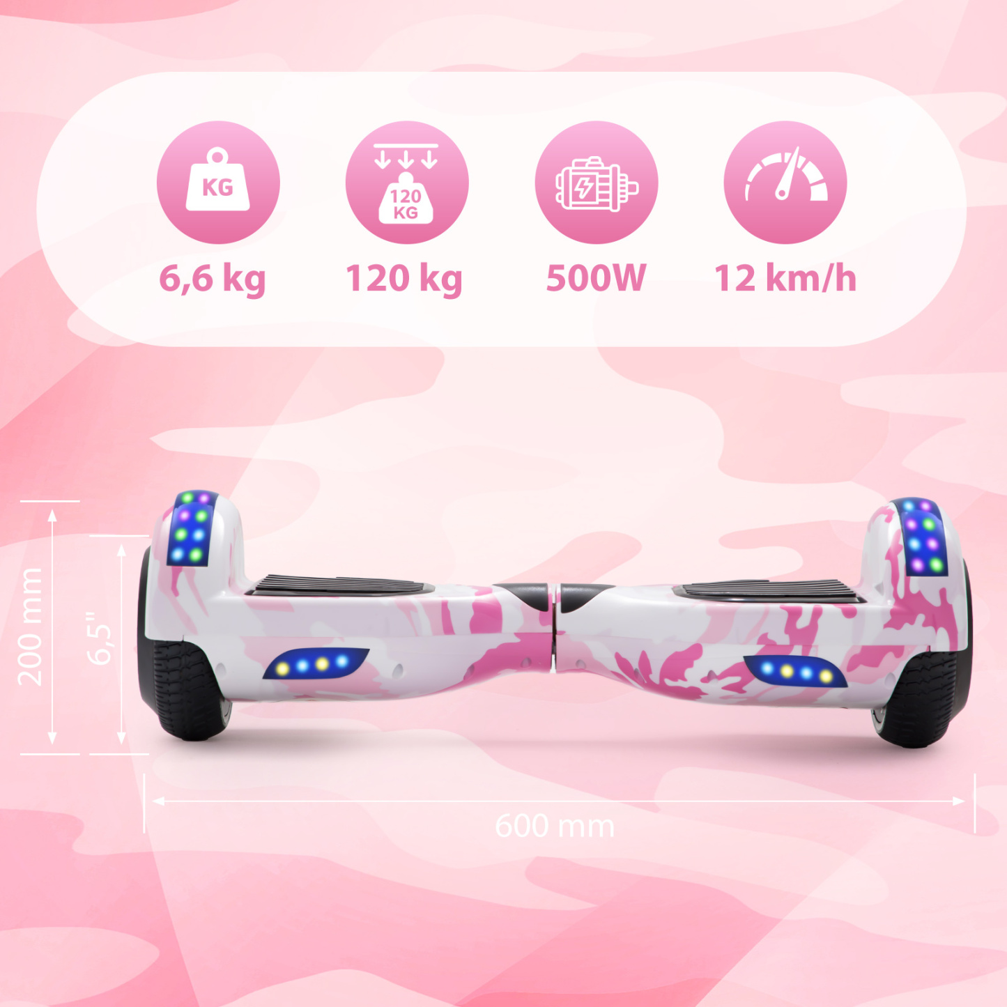 Neues 6,5" Camouflage pink Hoverboard für Kinder, mit Bluetooth Musik Lautsprecher und Disco LED Licht - 500W 12km/h