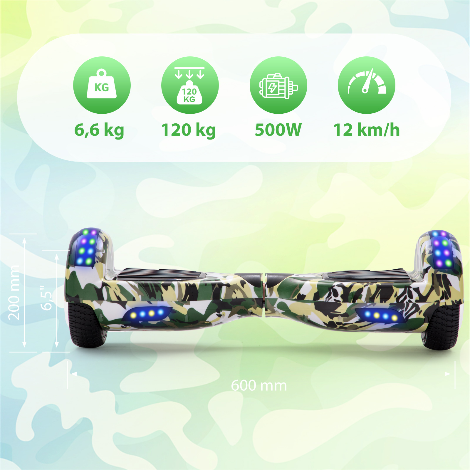 Neues 6,5" Camouflage grünes Hoverboard für Kinder, mit Bluetooth Musik Lautsprecher und Disco LED Licht - 500W 12km/h