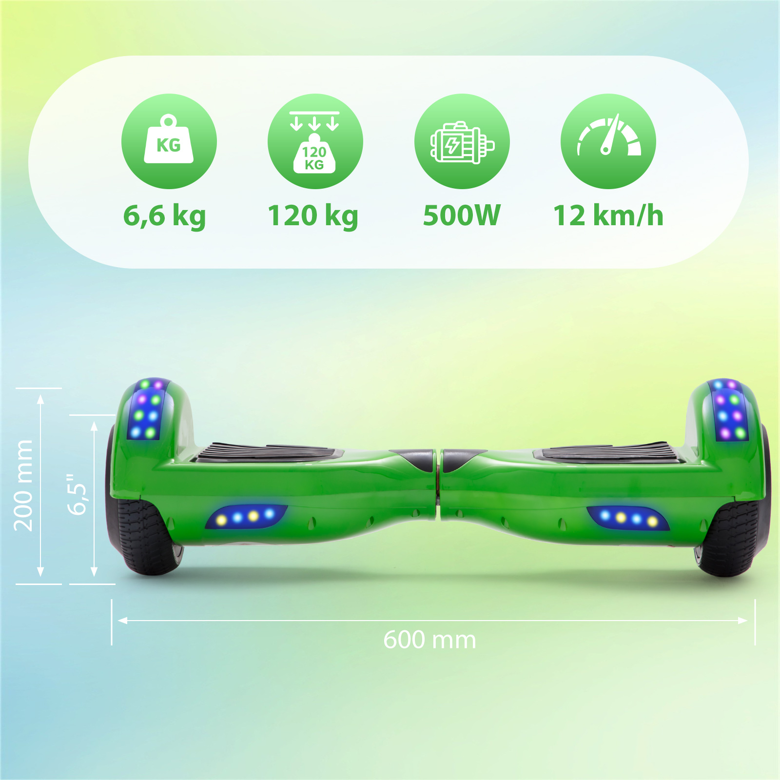 Neues 6,5" grünes Hoverboard für Kinder, mit Bluetooth Musik Lautsprecher und Disco LED Licht - 500W 12km/h