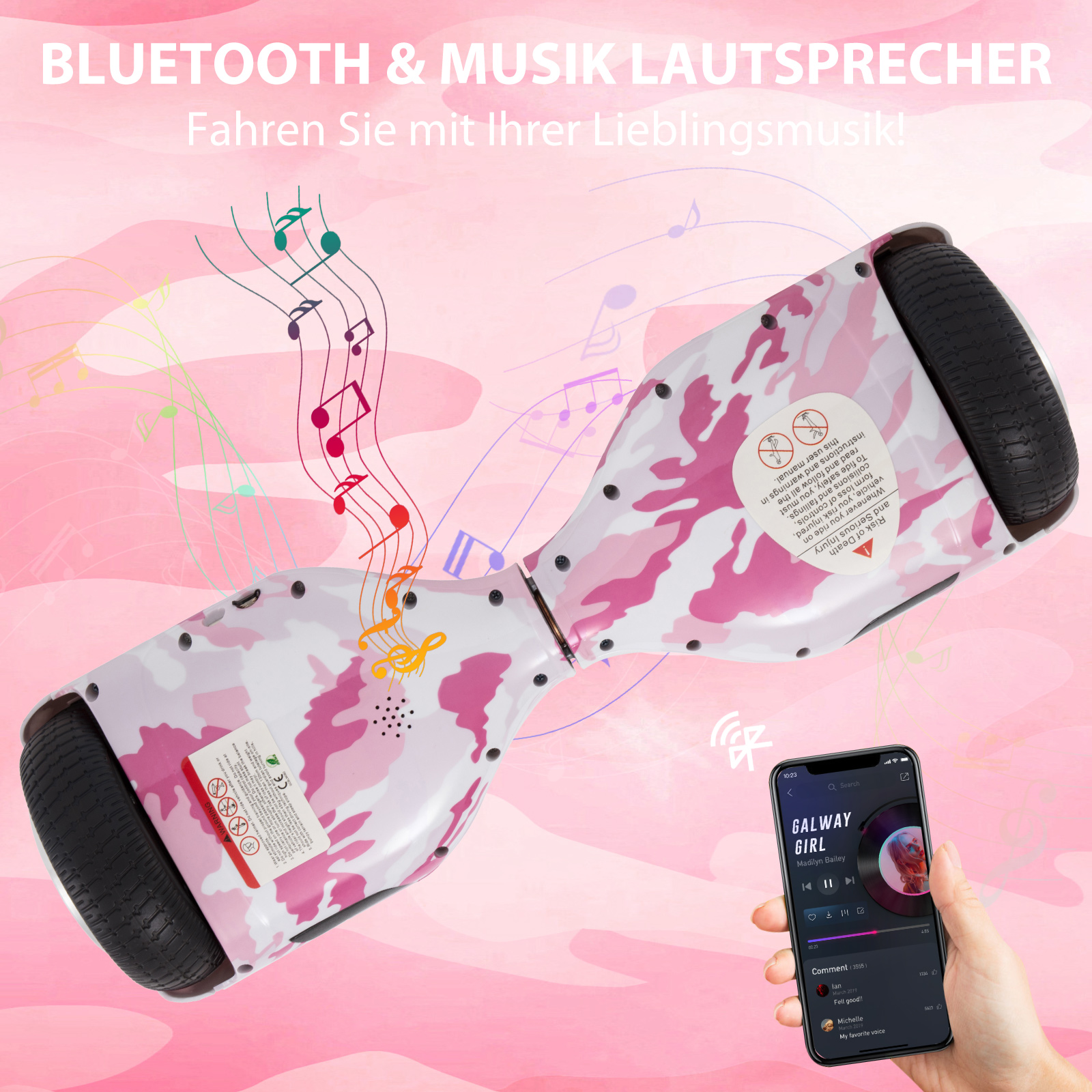 Neues 6,5" Camouflage pink Hoverboard für Kinder, mit Bluetooth Musik Lautsprecher und Disco LED Licht - 500W 12km/h