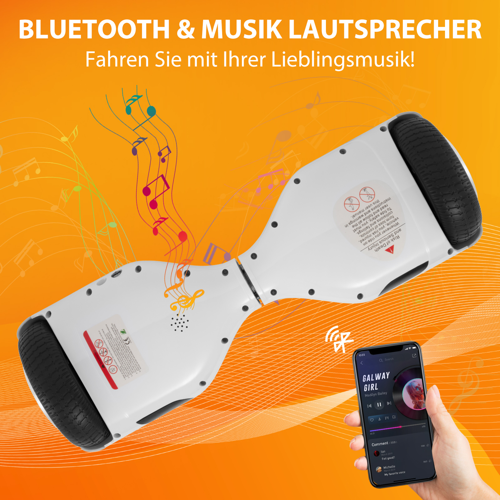 Neues 6,5" weißes Hoverboard für Kinder, mit Bluetooth Musik Lautsprecher und Disco LED Licht - 500W 12km/h