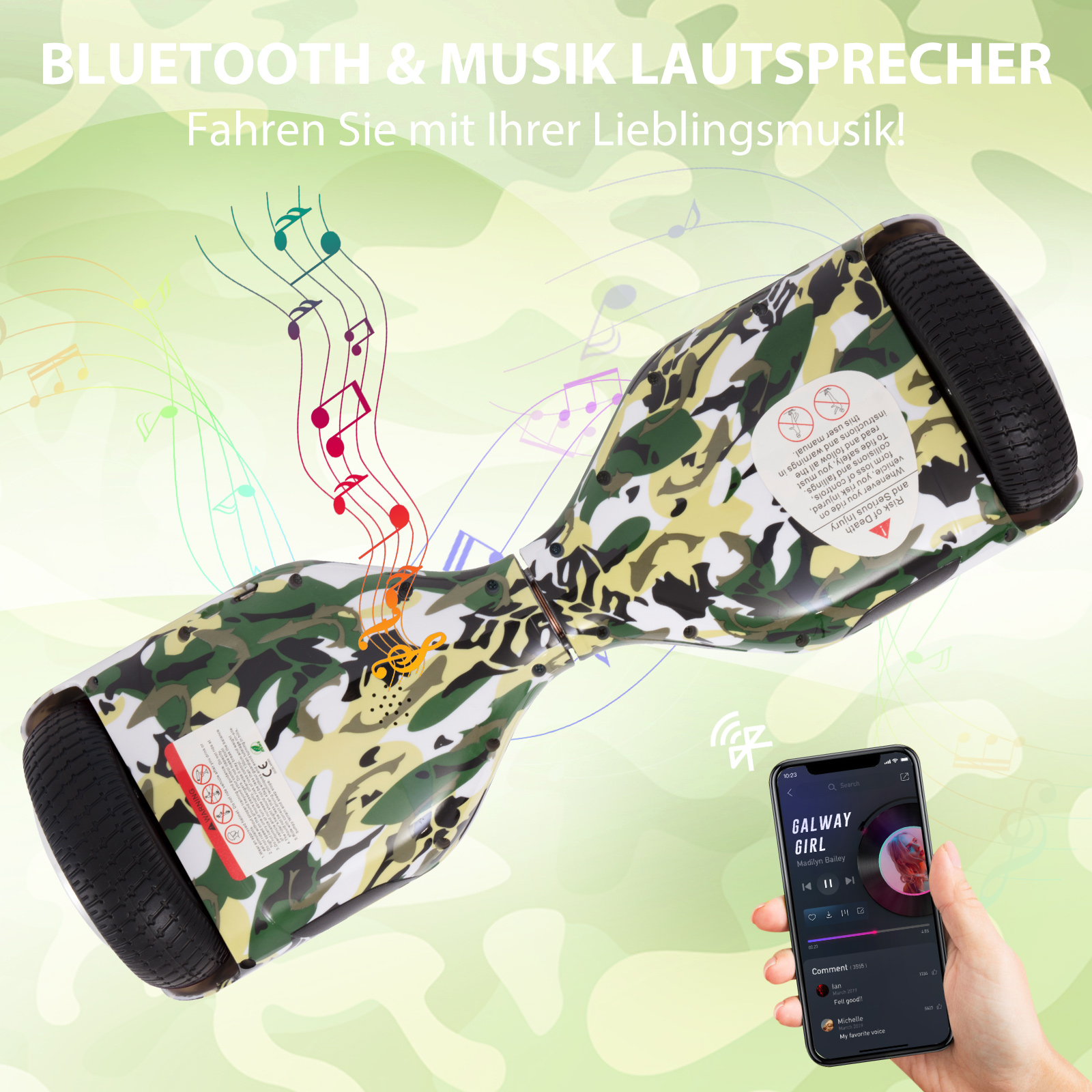 Neues 6,5" Camouflage Hoverboard grün mit Bluetooth Musik Lautsprecher und LED Licht - 500W 12km/h