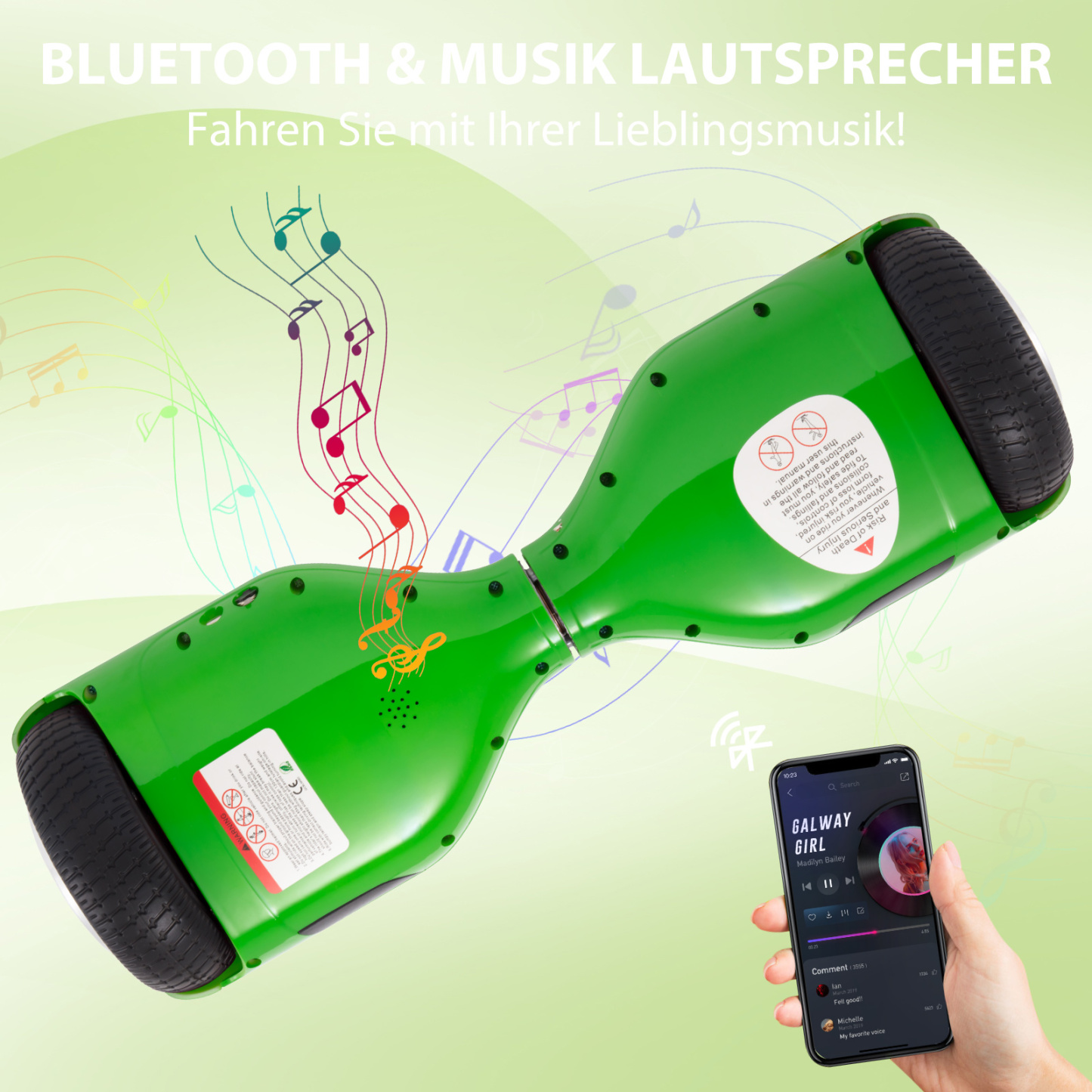 Neues 6,5" grünes Hoverboard für Kinder, mit Bluetooth Musik Lautsprecher und Disco LED Licht - 500W 12km/h