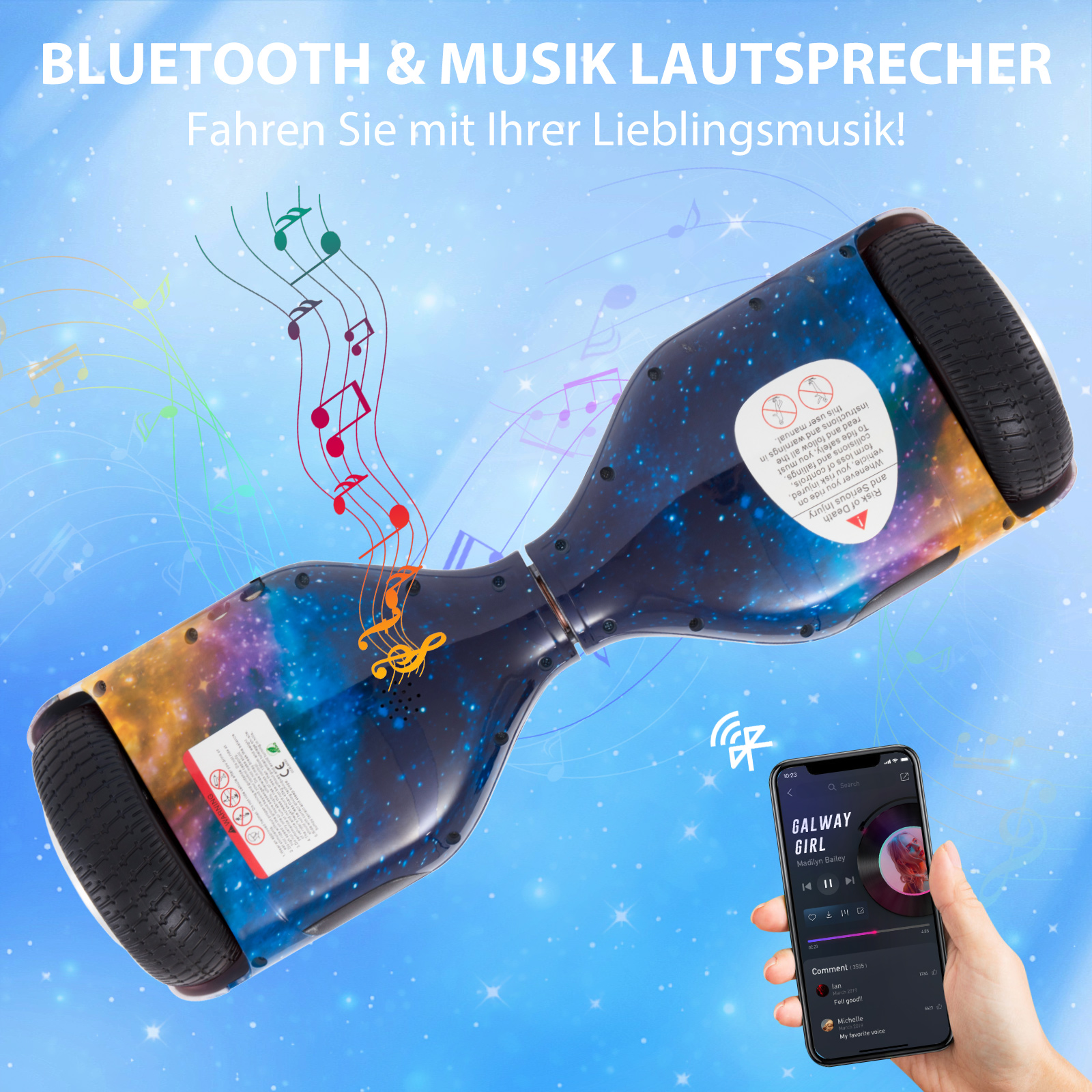 Neues 6,5" Galaxy Hoverboard blau mit Bluetooth Musik Lautsprecher und LED Licht - 500W 12km/h