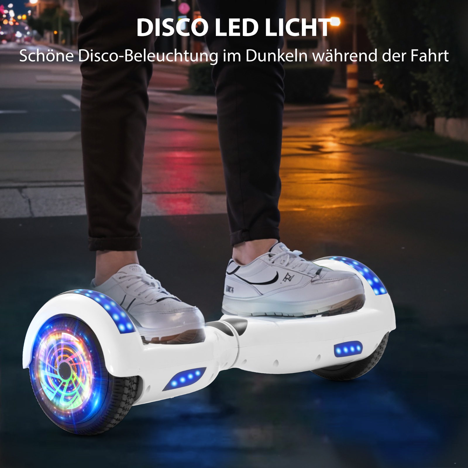 Neues 6,5" weißes Hoverboard für Kinder, mit Bluetooth Musik Lautsprecher und Disco LED Licht - 500W 12km/h