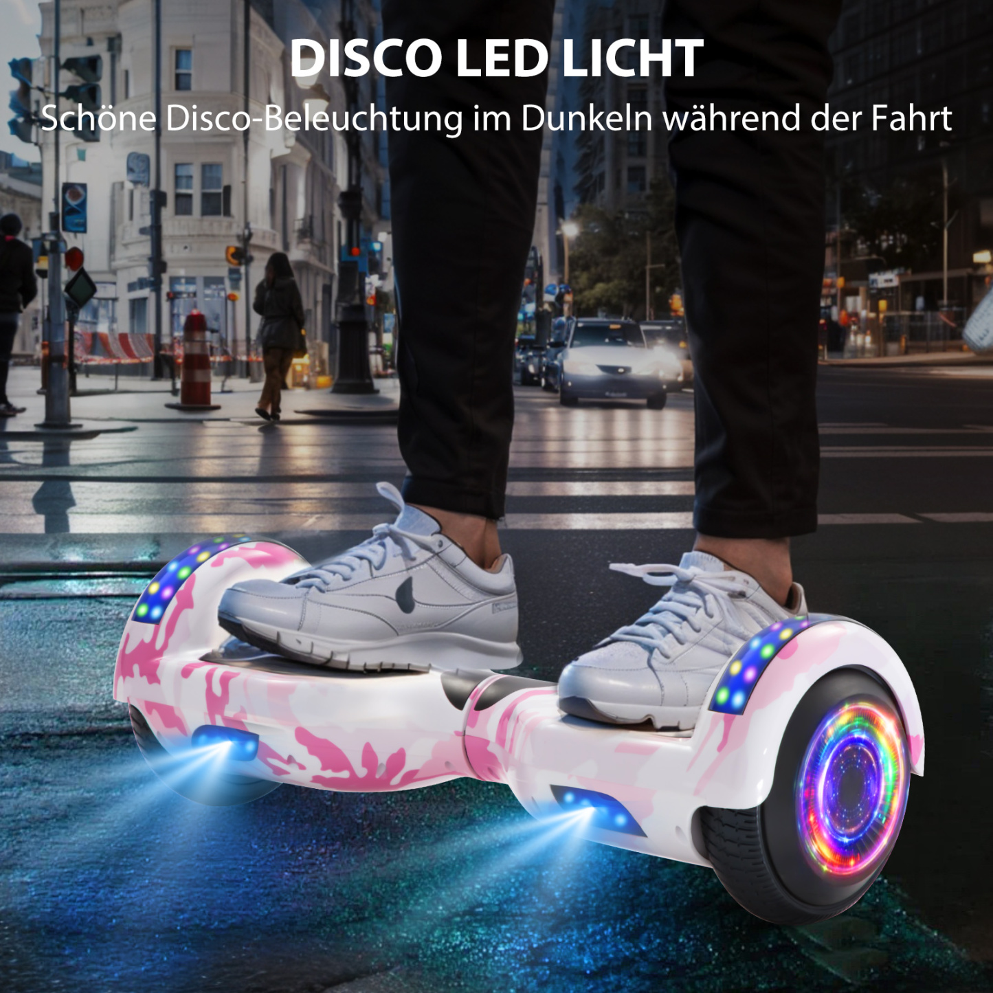 Neues 6,5" Camouflage pink Hoverboard für Kinder, mit Bluetooth Musik Lautsprecher und Disco LED Licht - 500W 12km/h