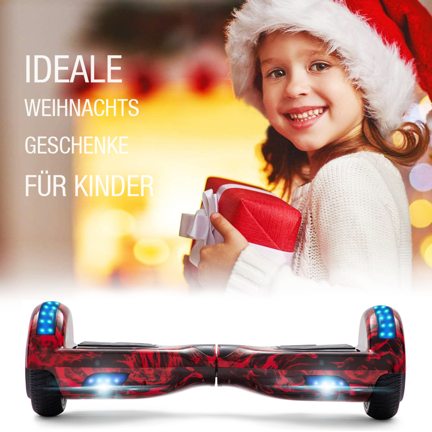 Neues 6,5" rote Flamme Hoverboard für Kinder, mit Bluetooth Musik Lautsprecher und Disco LED Licht - 500W 12km/h