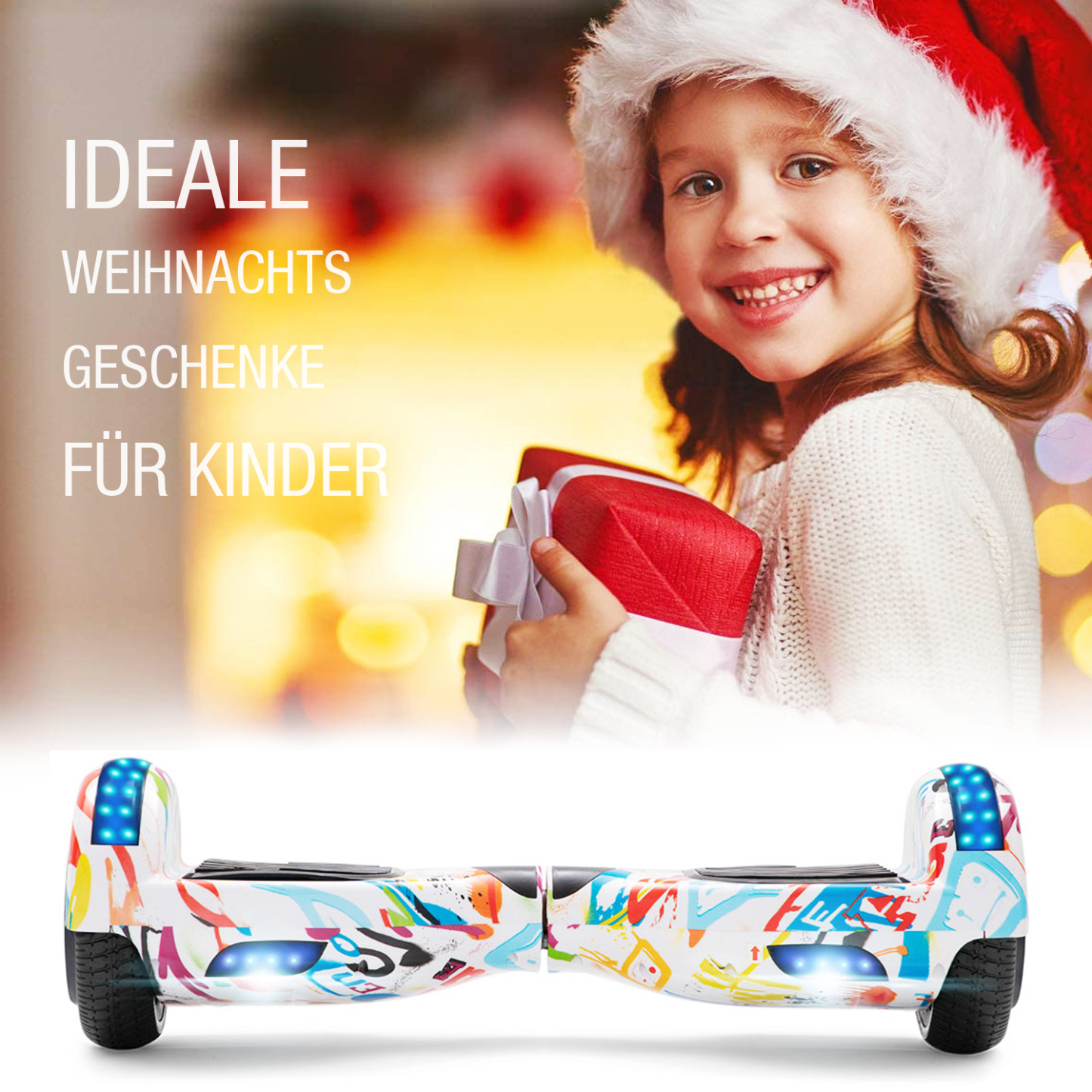 Neues 6,5" weiße Graffiti Hoverboard für Kinder, mit Bluetooth Musik Lautsprecher und Disco LED Licht - 500W 12km/h