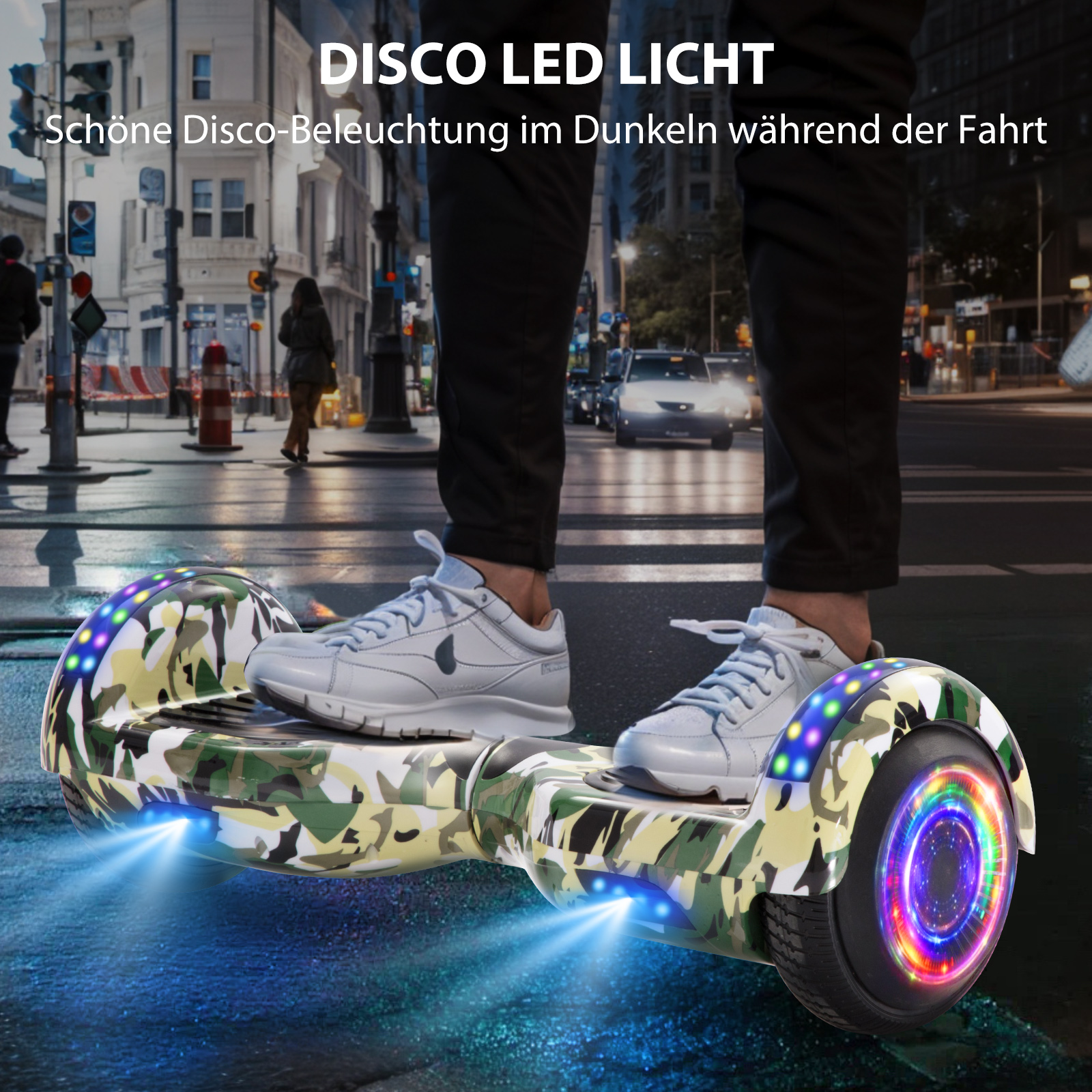 Neues 6,5" Camouflage grünes Hoverboard für Kinder, mit Bluetooth Musik Lautsprecher und Disco LED Licht - 500W 12km/h