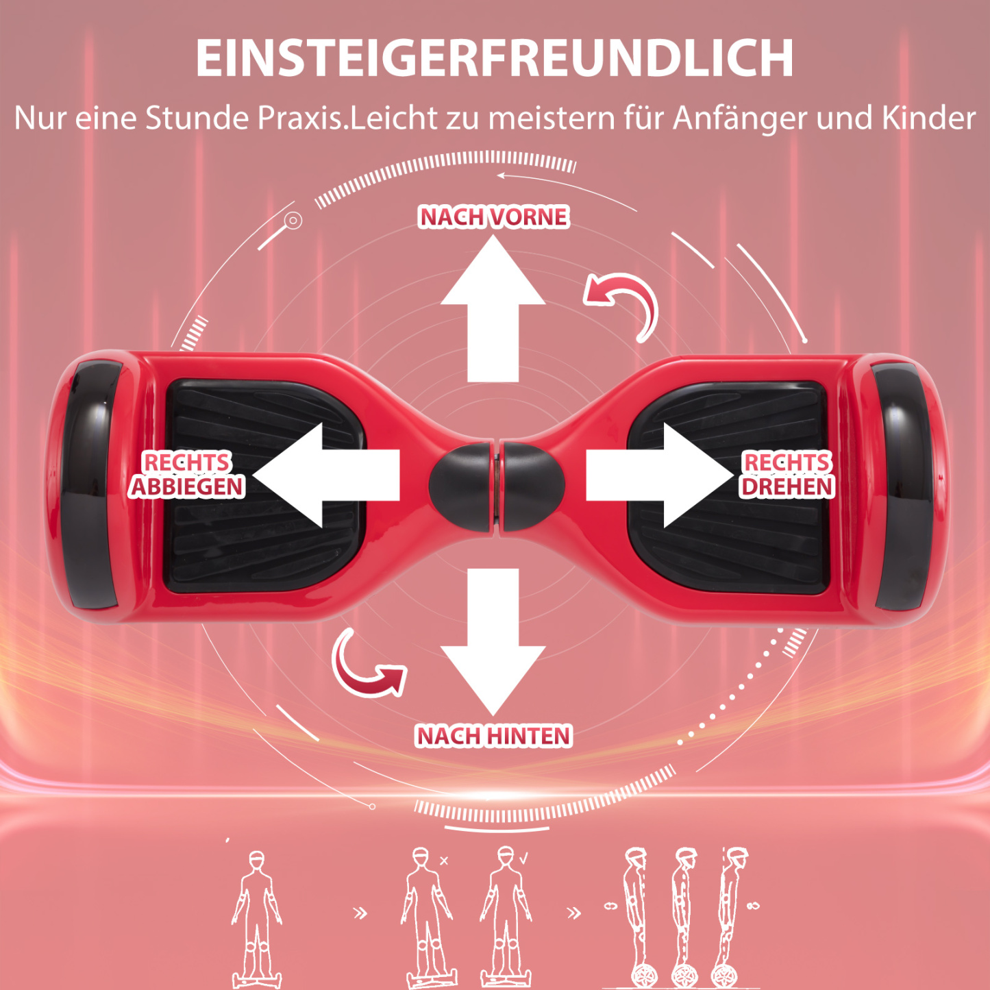 Neues 6,5" rotes Hoverboard für Kinder, mit Bluetooth Musik Lautsprecher und Disco LED Licht - 500W 12km/h