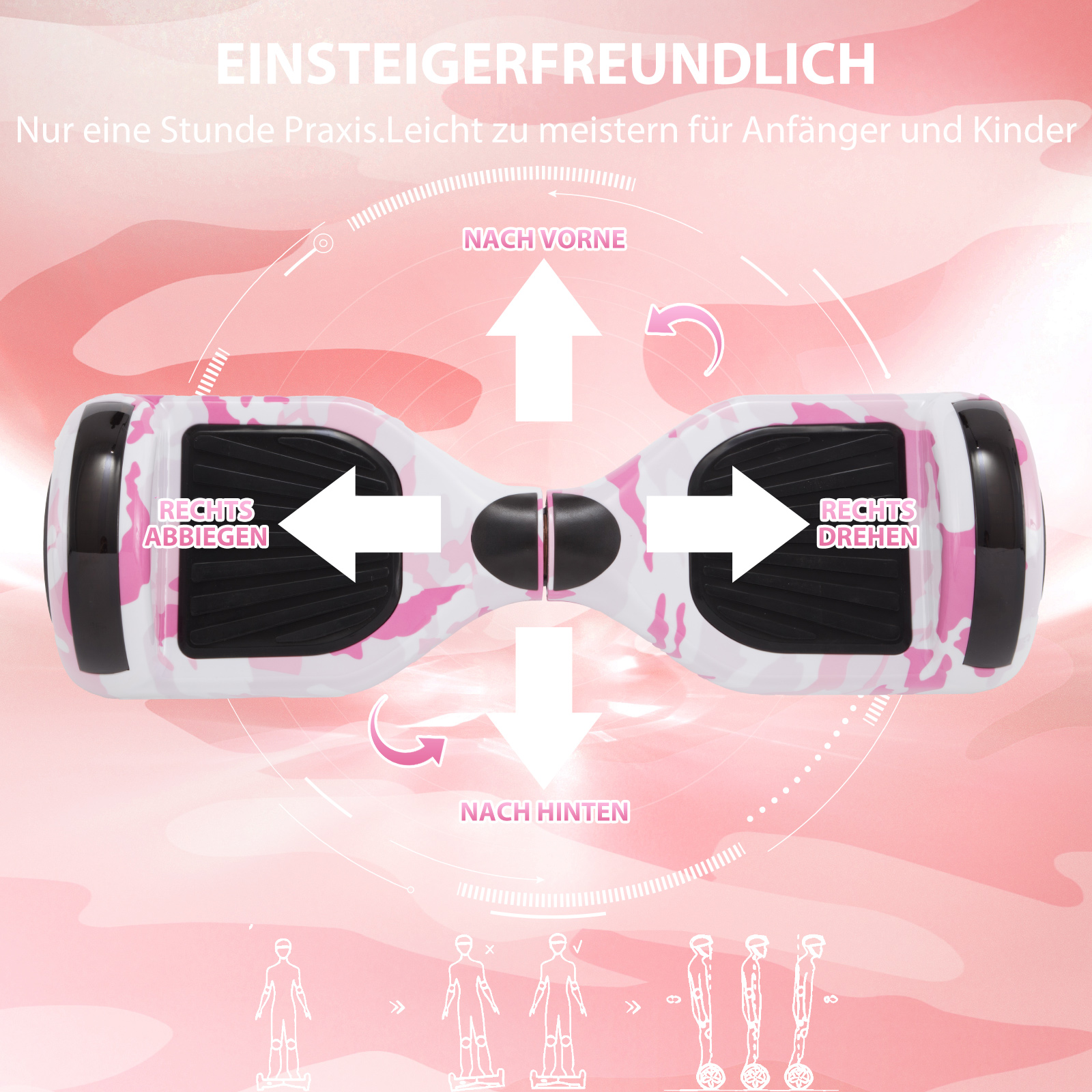 Neues 6,5" Camouflage pink Hoverboard für Kinder, mit Bluetooth Musik Lautsprecher und Disco LED Licht - 500W 12km/h