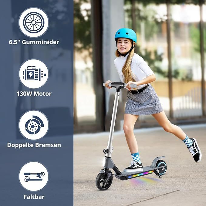 S2 Electric Kinder-Elektroroller, faltbar, Alter 6–12, Höchstgeschwindigkeit 9,3 MPH und 5 Meilen, LED-Anzeige, bunte LED-Lichter