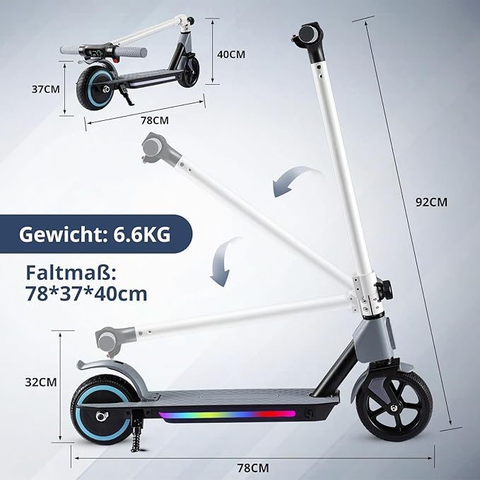 S2 Electric Kinder-Elektroroller, faltbar, Alter 6–12, Höchstgeschwindigkeit 9,3 MPH und 5 Meilen, LED-Anzeige, bunte LED-Lichter