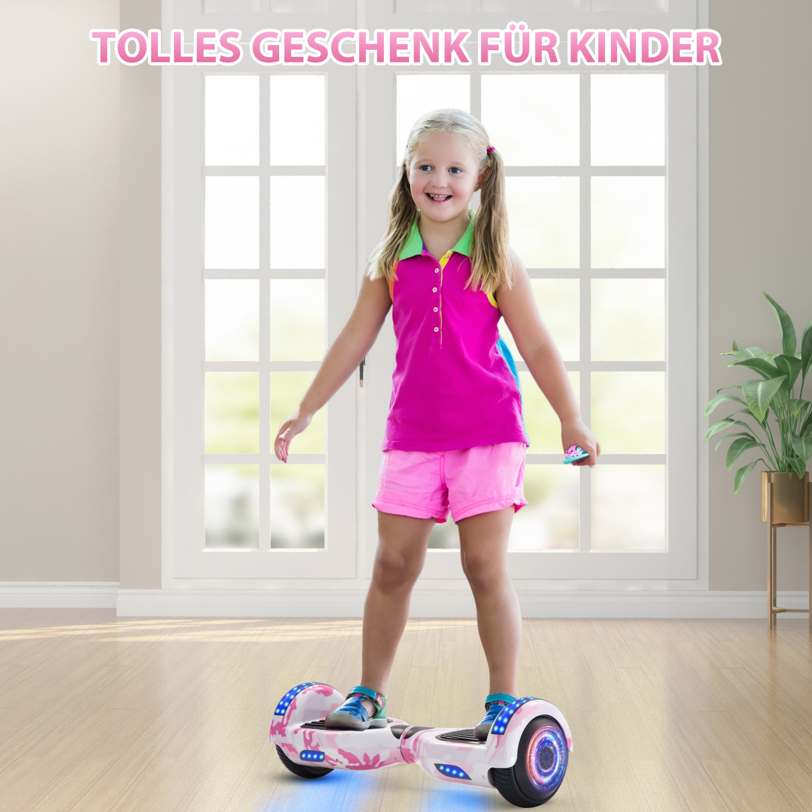Neues 6,5" Camouflage pink Hoverboard für Kinder, mit Bluetooth Musik Lautsprecher und Disco LED Licht - 500W 12km/h