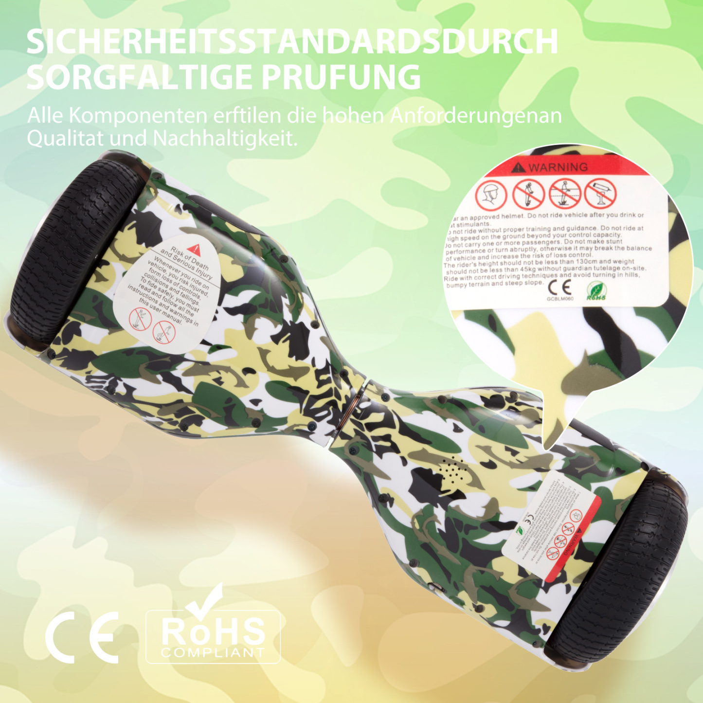 Neues 6,5" Camouflage grünes Hoverboard für Kinder, mit Bluetooth Musik Lautsprecher und Disco LED Licht - 500W 12km/h