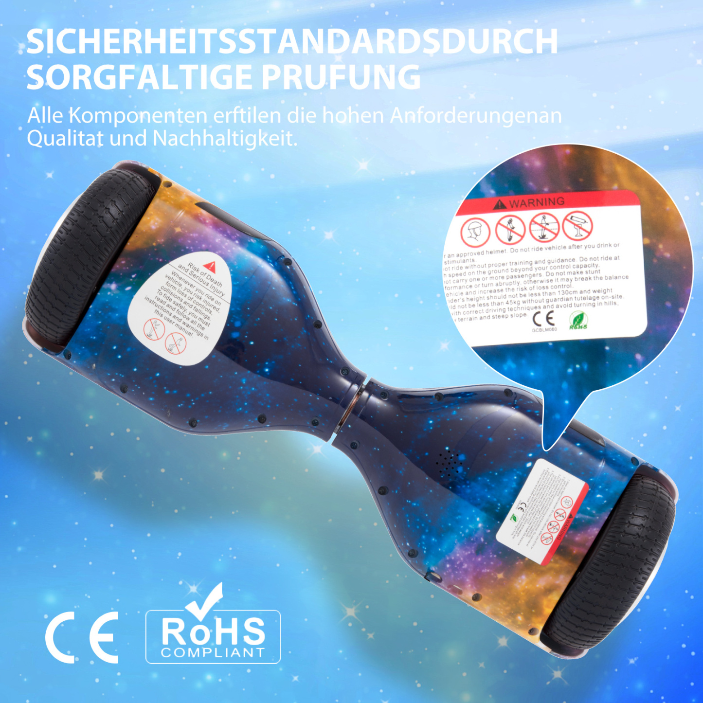 Neues 6,5" blaue Galaxie Hoverboard für Kinder, mit Bluetooth Musik Lautsprecher und Disco LED Licht - 500W 12km/h